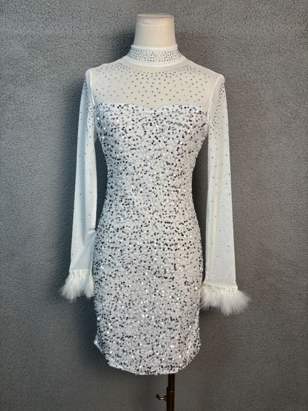 Jigfar Womens Sexy Rhinestone Mesh See Through Bodycon Mini Dress White S NWOT